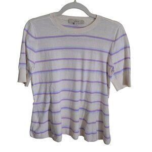 Loft 100% Cotton White Lavender Striped Peplum Sweater Size S